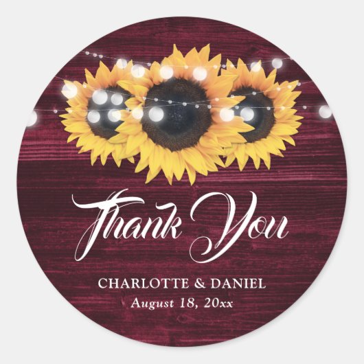 Burgundy Rustic Wood Sunflower Wedding Thank You Ronde Sticker (Voorkant)