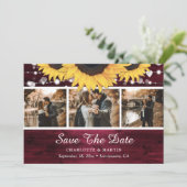 Burgundy Rustic Wood Sunflower Weduwfoto Save The Date (Staand voorkant)