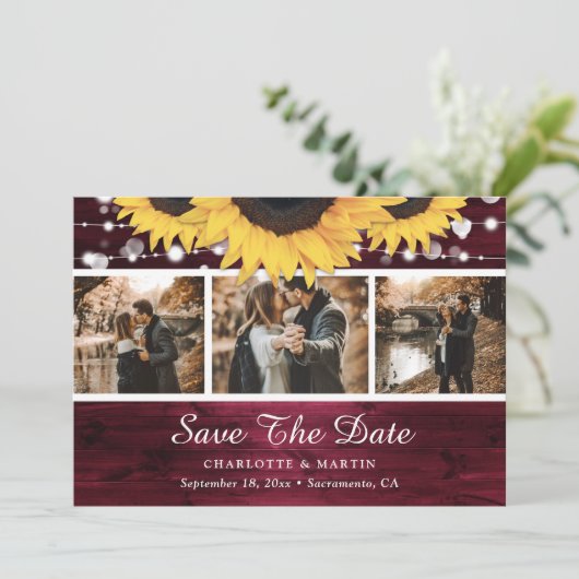 Burgundy Rustic Wood Sunflower Weduwfoto Save The Date (Staand voorkant)