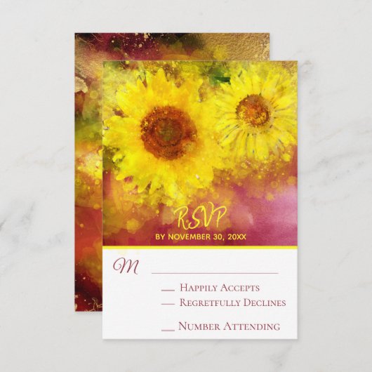 *~* Burgundy Rustic Yellow Sunflower Weddenschap R RSVP Kaartje (Voorkant / Achterkant)