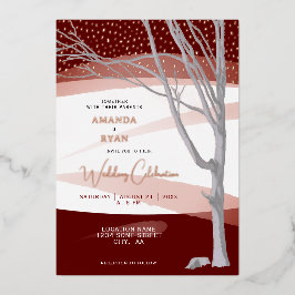 Burgundy Rustieke Winterboom Aquarel Bruiloft Folie Uitnodiging