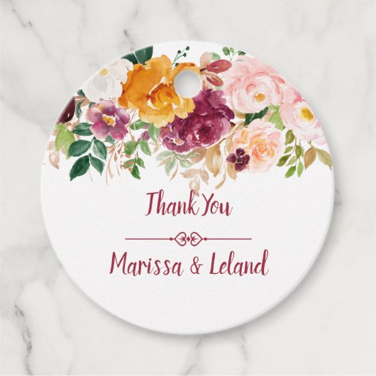 Burgundy Saffraan Mauve Roze Waterverf Bloemen Bedankjes Labels (Voorkant)