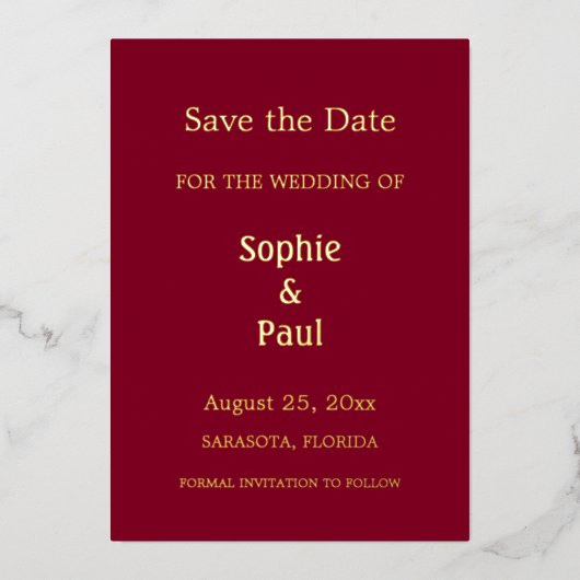 Burgundy Save the Date Folie Invitation Uitnodiging (Voorkant)