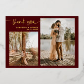 Burgundy script 5 foto's bedanken je bruiloft folie uitnodiging (Voorkant)