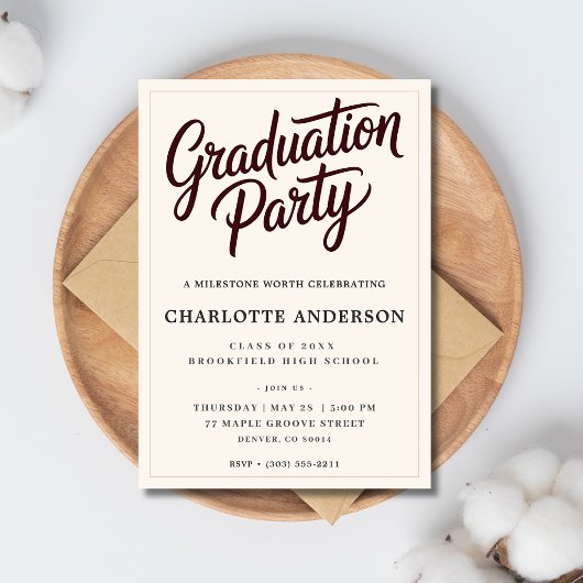 Burgundy Script Graduation Party Invitation Aankondiging