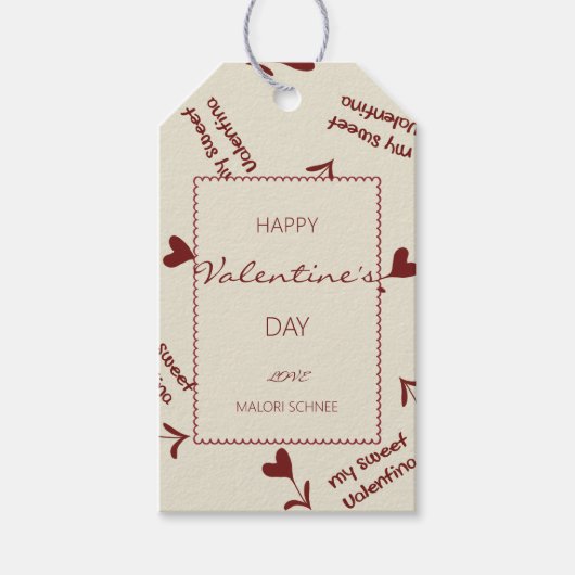 Burgundy Script Hearts on Cream– Valentine Pattern Cadeaulabel (Voorkant)