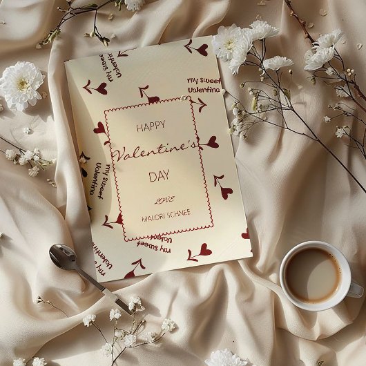 Burgundy Script Hearts on Cream– Valentine Pattern Feestdagenkaart