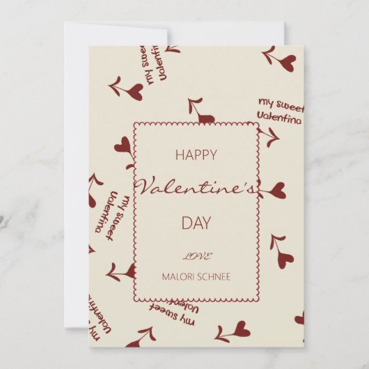 Burgundy Script Hearts on Cream– Valentine Pattern Feestdagenkaart (Voorkant)