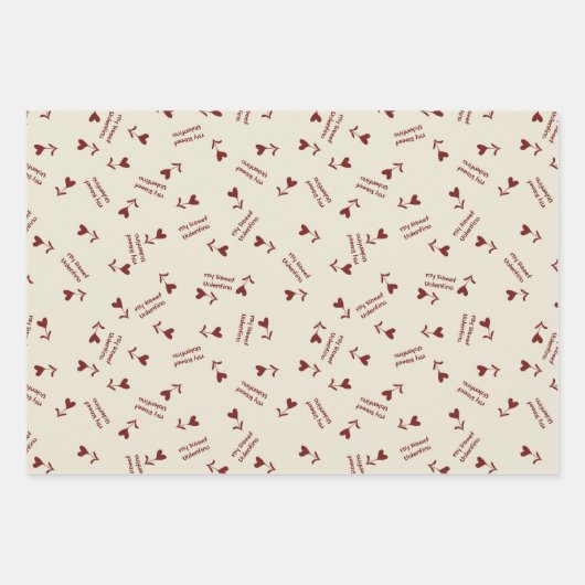 Burgundy Script Hearts on Cream– Valentine Pattern Inpakpapier Vel (Voorkant)