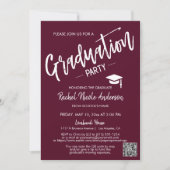 Burgundy Script QR Code Foto Graduparty Kaart (Voorkant)