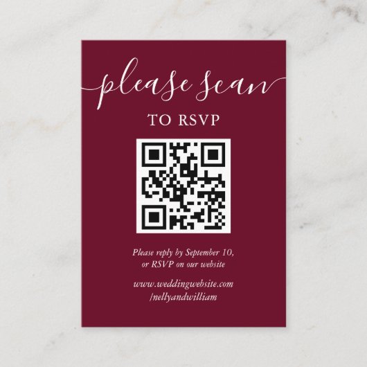 Burgundy Script RSVP QR-code Informatiekaartje (Voorkant)