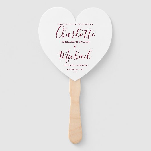 Burgundy Script Wedding Program Heart Handwaaier (Voorkant)