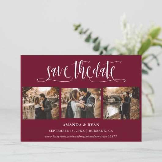 Burgundy Script Weduwfoto Save the Date (Staand voorkant)