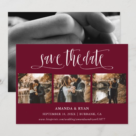 Burgundy Script Weduwfoto Save the Date (Voorkant / Achterkant)