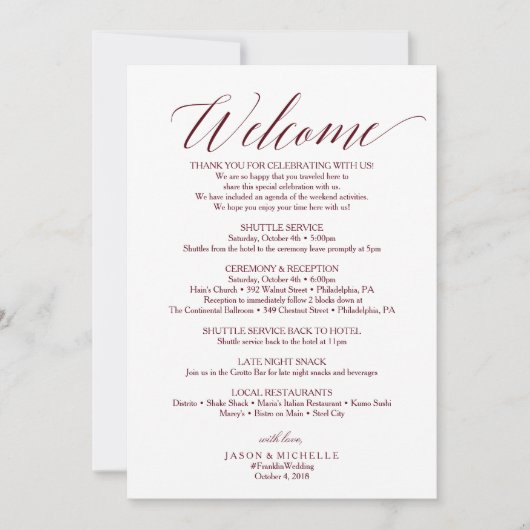 Burgundy Script Weduwroute Welkomstbrief Kaart (Voorkant)