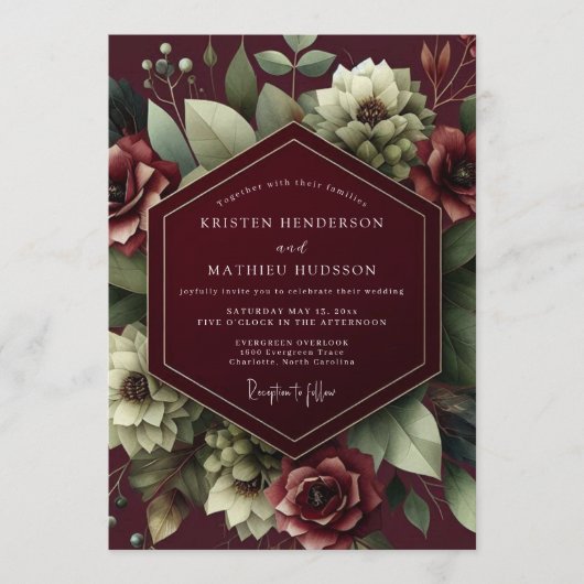 Burgundy Shadow Bloom Wedding Kaart (Voorkant)