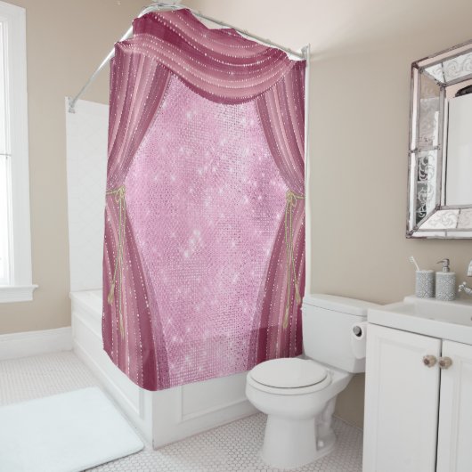 Burgundy Sheer Pink Glitter Glam Douchegordijn (In situ)