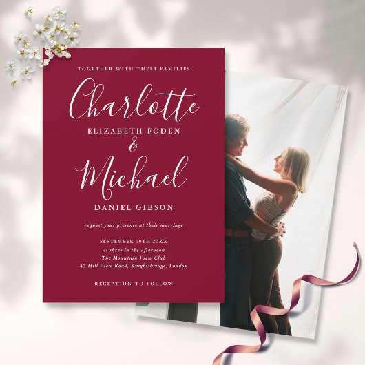 Burgundy Signature Script Wedding Modern Foto Kaart