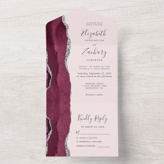 Burgundy Silver Agate Blush Pink Wedding All In One Uitnodiging (Binnen)