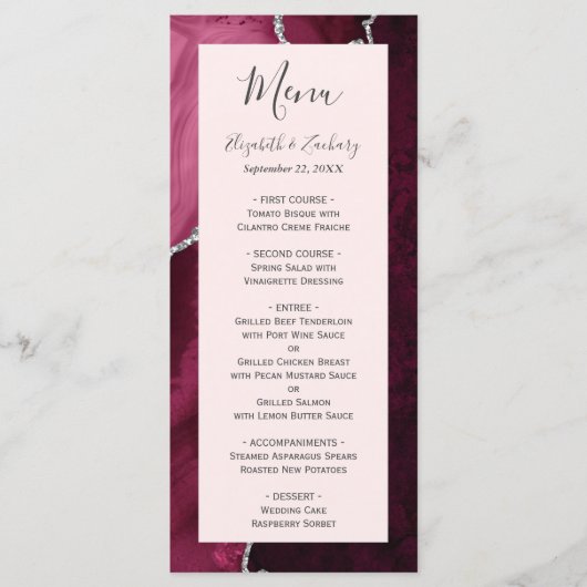 Burgundy Silver Agate Blush Pink Wedding Menu (Voorkant)