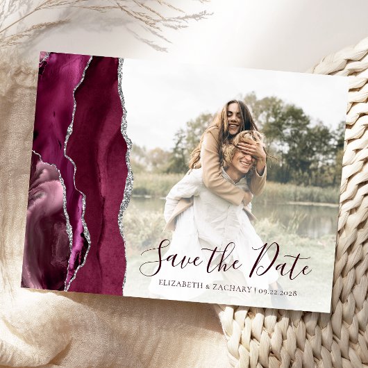 Burgundy Silver Agate Custom Photo Save the Date Briefkaart