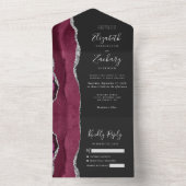 Burgundy Silver Agate Dark Wedding All In One Uitnodiging (Binnen)