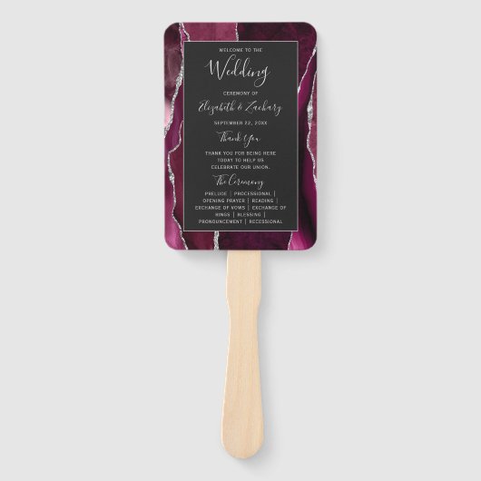 Burgundy Silver Agate Dark Wedding Program Handwaaier (Voorkant)