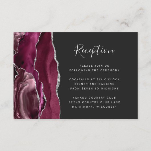 Burgundy Silver Agate Dark Wedding Reception Informatiekaartje (Voorkant)