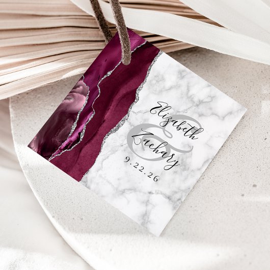 Burgundy Silver Agate Marble Wedding Bedankjes Labels
