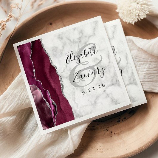 Burgundy Silver Agate Marble Wedding Napkins Servet