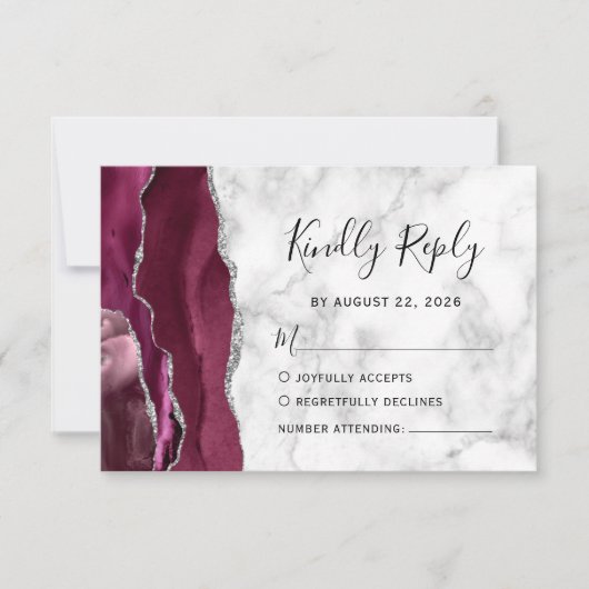 Burgundy Silver Agate Marble Wedding RSVP Kaartje (Voorkant)