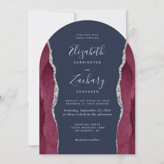 Burgundy Silver Agate Navy Blue Arch Shape Wedding Kaart (Voorkant)