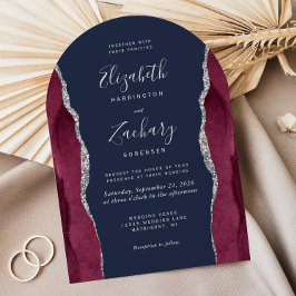 Burgundy Silver Agate Navy Blue Arch Shape Wedding Kaart