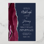 Burgundy Silver Agate Navy Blue Modern Wedding Folie Uitnodiging (Voorkant)