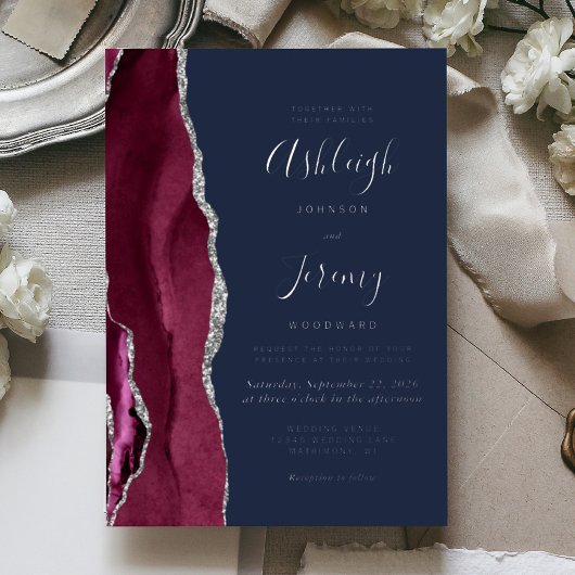 Burgundy Silver Agate Navy Blue Modern Wedding Folie Uitnodiging