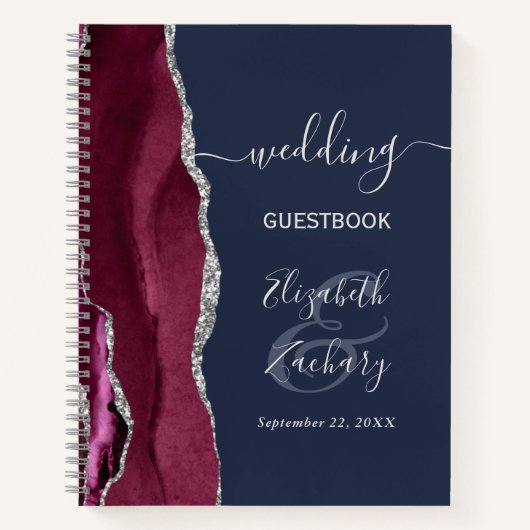 Burgundy Silver Agate Navy Blue Wedding Guest Notitieboek (Voorkant)