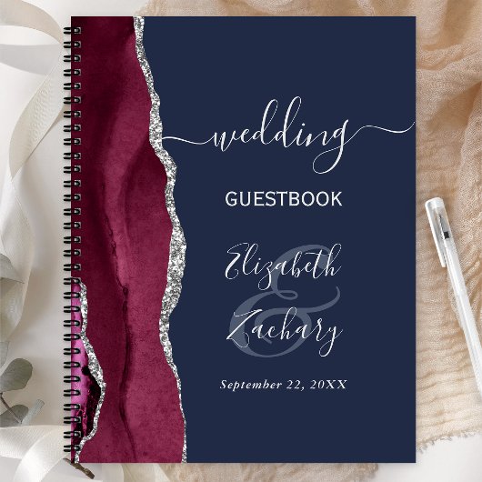 Burgundy Silver Agate Navy Blue Wedding Guest Notitieboek