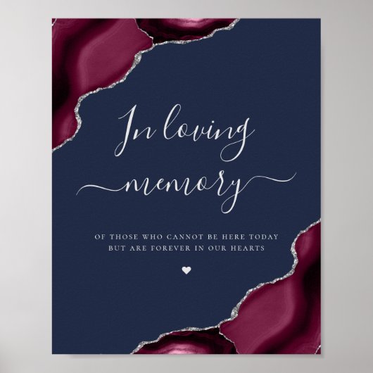 Burgundy Silver Agate Navy Blue Wedding Memorial Poster (Voorkant)