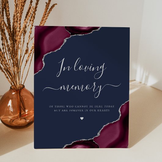 Burgundy Silver Agate Navy Blue Wedding Memorial Reclamebord Met Voetstuk