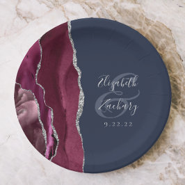 Burgundy Silver Agate Navy Blue Wedding Papieren Bordje