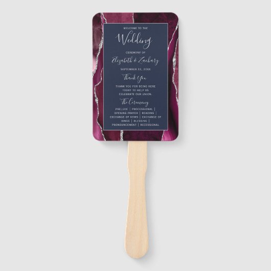 Burgundy Silver Agate Navy Blue Wedding Program Handwaaier (Voorkant)