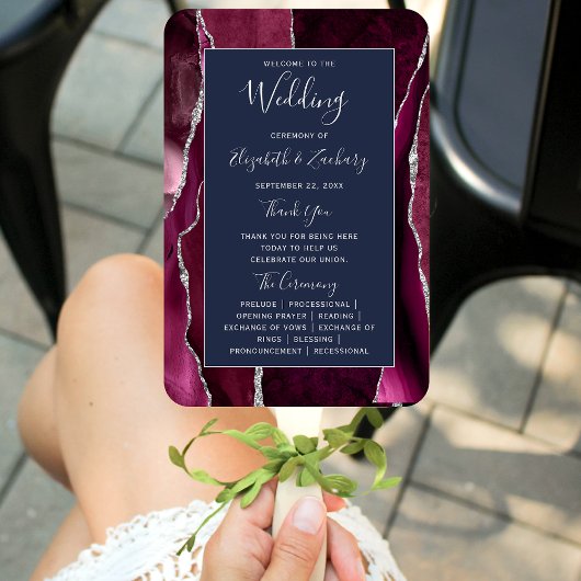 Burgundy Silver Agate Navy Blue Wedding Program Handwaaier