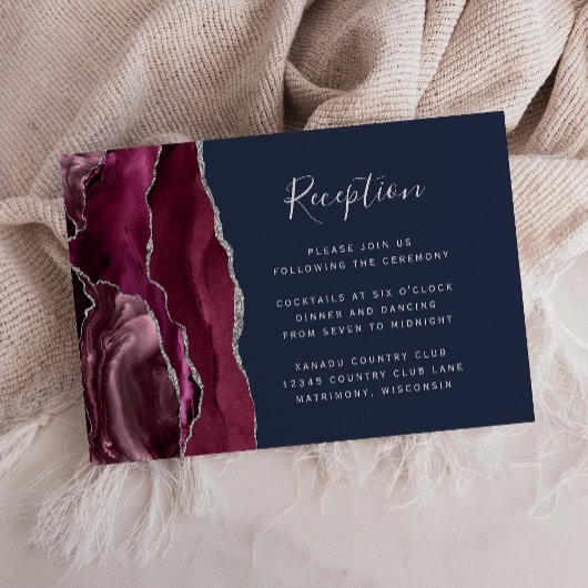 Burgundy Silver Agate Navy Blue Wedding Reception Informatiekaartje