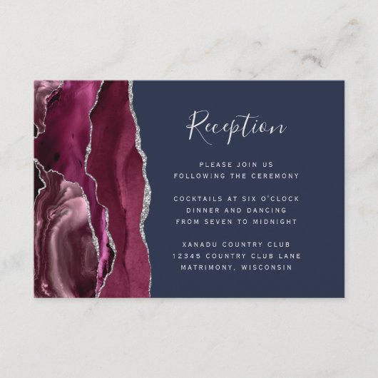 Burgundy Silver Agate Navy Blue Wedding Reception Informatiekaartje (Voorkant)