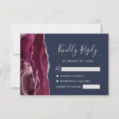 Burgundy Silver Agate Navy Blue Wedding RSVP Kaart (Voorkant)