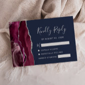 Burgundy Silver Agate Navy Blue Wedding RSVP Kaart