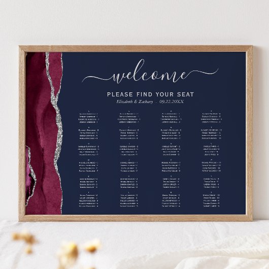 Burgundy Silver Agate Navy Blue Wedding Seating Se Poster