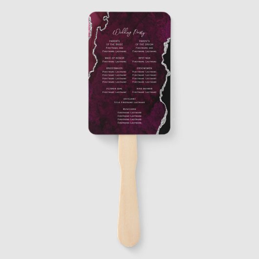 Burgundy Silver Agate Script Wedding Program Handwaaier (Achterkant)
