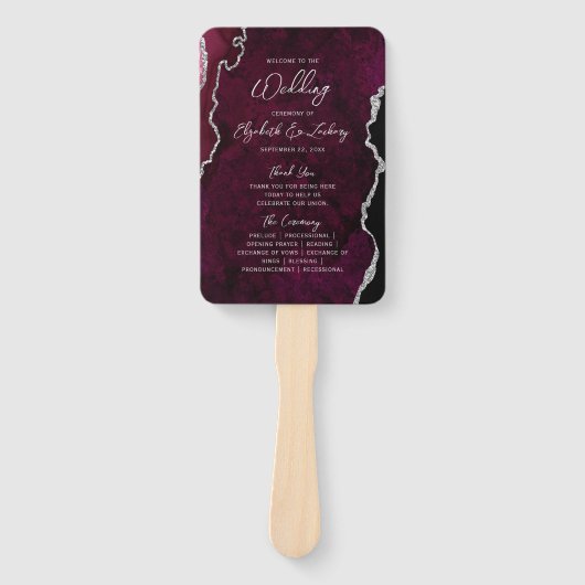 Burgundy Silver Agate Script Wedding Program Handwaaier (Voorkant)