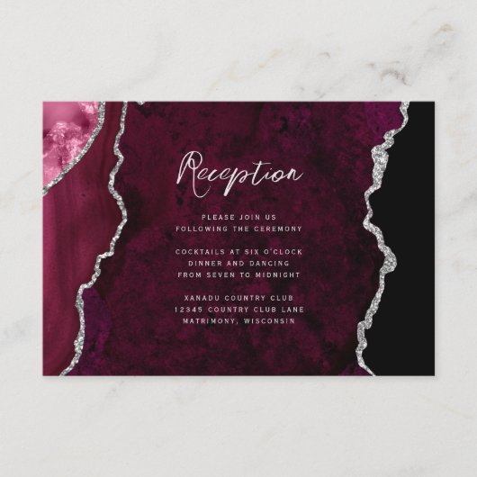 Burgundy Silver Agate Script Wedding Reception Informatiekaartje (Voorkant)